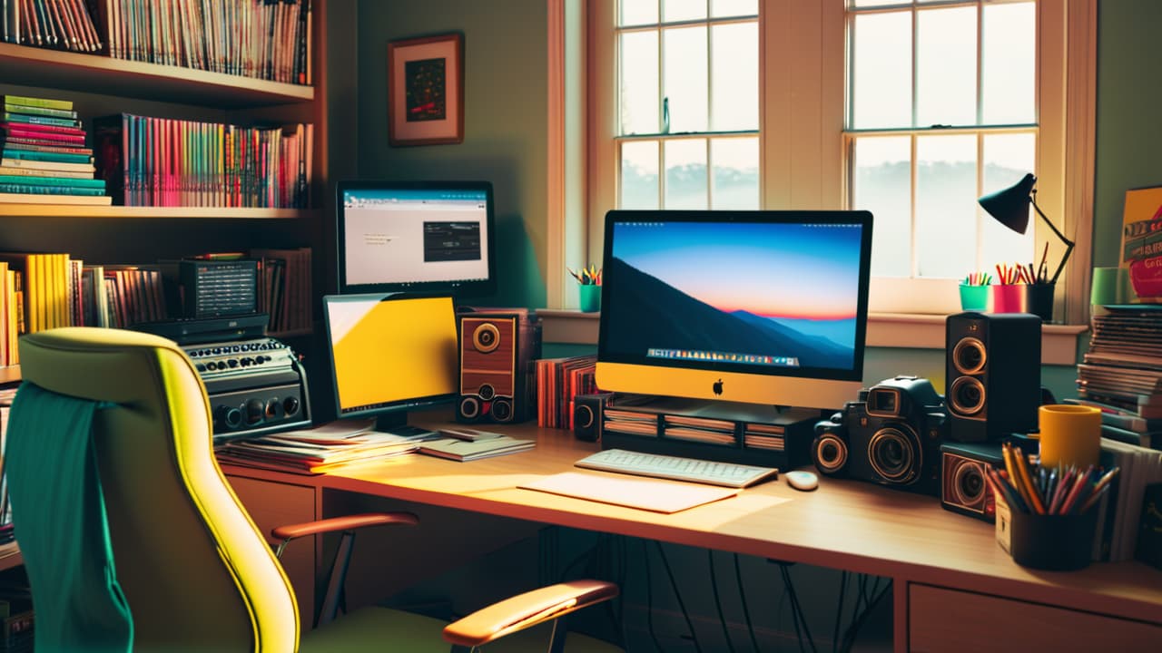  a cluttered creative workspace with a camera, sketchbooks, and personalized art supplies, contrasting with a sterile computer screen displaying generic stock photos, highlighting the tension between authenticity and convenience in visual storytelling. hyperrealistic, full body, detailed clothing, highly detailed, cinematic lighting, stunningly beautiful, intricate, sharp focus, f/1. 8, 85mm, (centered image composition), (professionally color graded), ((bright soft diffused light)), volumetric fog, trending on instagram, trending on tumblr, HDR 4K, 8K