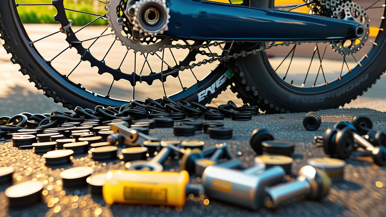  a close up of a bicycle chain glistening with fresh oil, surrounded by tools like a wrench and lubricant, set against a backdrop of a well lit garage filled with maintenance supplies and cycling gear. hyperrealistic, full body, detailed clothing, highly detailed, cinematic lighting, stunningly beautiful, intricate, sharp focus, f/1. 8, 85mm, (centered image composition), (professionally color graded), ((bright soft diffused light)), volumetric fog, trending on instagram, trending on tumblr, HDR 4K, 8K