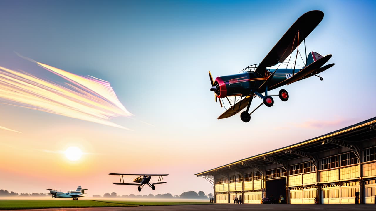  a vintage biplane soaring over a bustling early 20th century airfield, juxtaposed with modern jetliners in a sleek airport environment, showcasing the evolution of aviation through time. hyperrealistic, full body, detailed clothing, highly detailed, cinematic lighting, stunningly beautiful, intricate, sharp focus, f/1. 8, 85mm, (centered image composition), (professionally color graded), ((bright soft diffused light)), volumetric fog, trending on instagram, trending on tumblr, HDR 4K, 8K