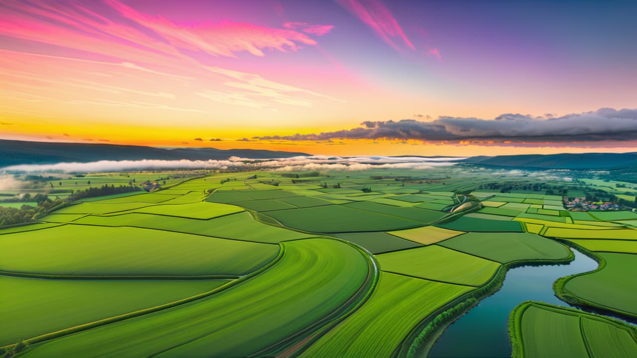  a breathtaking aerial landscape showcasing vibrant green fields, winding rivers, and a picturesque sunset. in the foreground, a sleek drone hovers, capturing the stunning scenery, with soft, colorful clouds reflecting golden light. hyperrealistic, full body, detailed clothing, highly detailed, cinematic lighting, stunningly beautiful, intricate, sharp focus, f/1. 8, 85mm, (centered image composition), (professionally color graded), ((bright soft diffused light)), volumetric fog, trending on instagram, trending on tumblr, HDR 4K, 8K