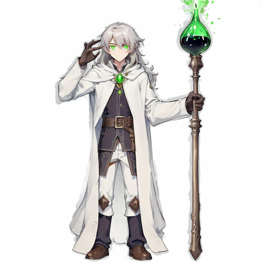  anime artwork human , alchemist , wizard, white cape , green eyes, brown hair with white hair on top, potion in hand, . anime style, key visual, vibrant, studio anime, highly detailed, on parchment, oil painting