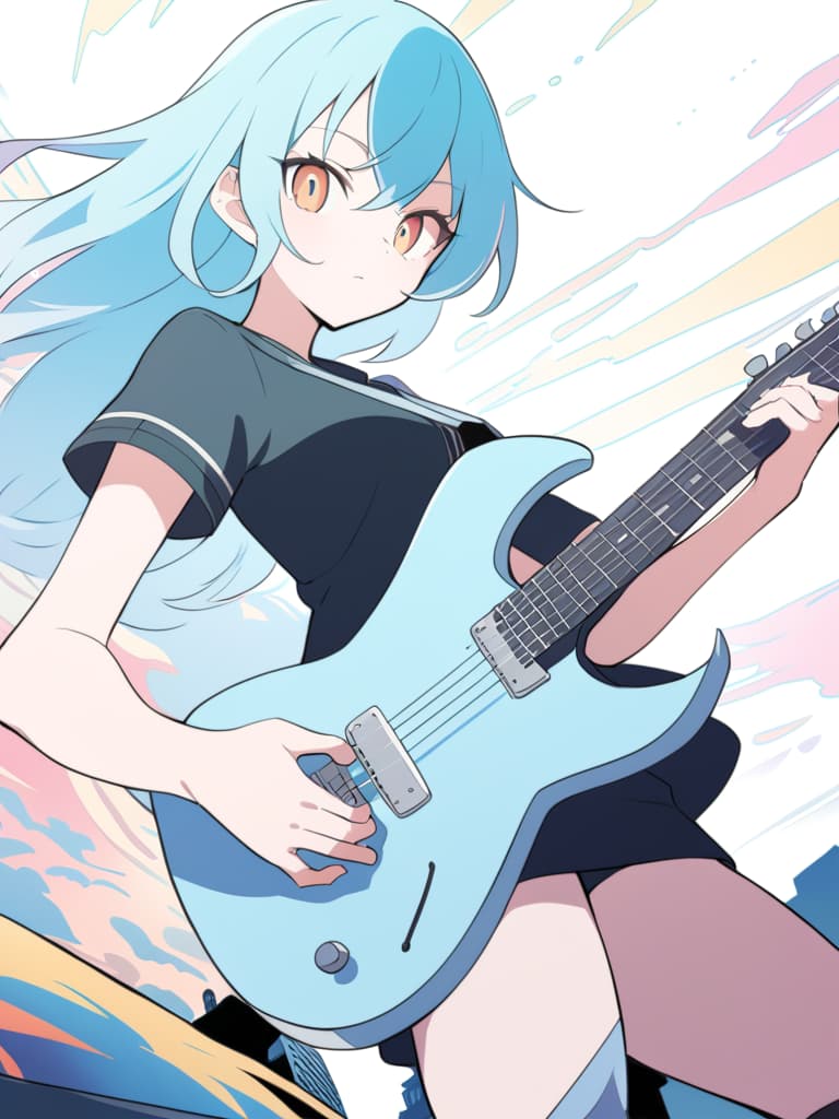  in the anime with a guitar, the satinten style, flcl cover, cushart, flcl, animation style illustration, guitar solo, trendy anime artwork, beautiful detailed animation style, tetsujoro for generously, tetsu goro beautiful detailed anime art, guitarist