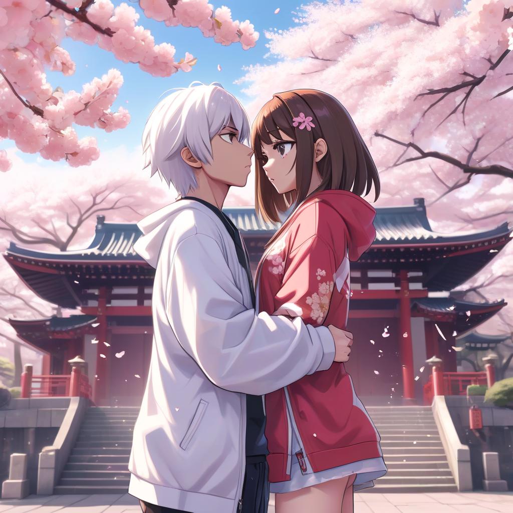  anime artwork a white rapper breaks up with a girl against the background of cherry blossoms and a japanese temple. look from the outside. style: anime. . anime style, key visual, vibrant, studio anime, highly detailed