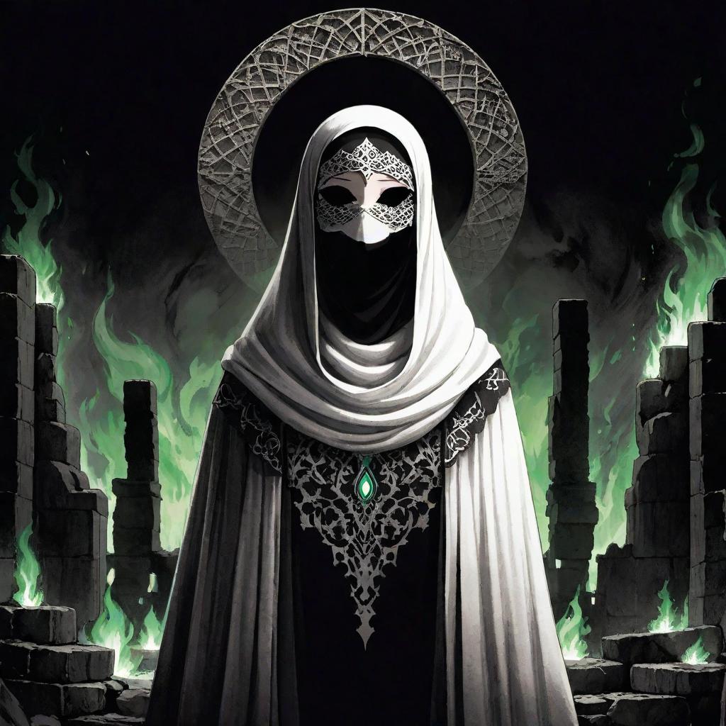  manga artwork feminine sillouete with a white garment and hijab, wearing a white mask, the background has stone ruins and green flames. rpg anime style . manga artist. manga, highly emotional. best quality, high resolution