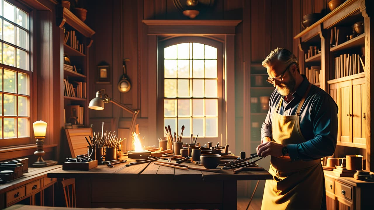  an elegant workshop scene showcasing a master craftsman shaping intricate wooden details, surrounded by classic tools, richly grained wood pieces, and a warm glow from natural light filtering through large windows. hyperrealistic, full body, detailed clothing, highly detailed, cinematic lighting, stunningly beautiful, intricate, sharp focus, f/1. 8, 85mm, (centered image composition), (professionally color graded), ((bright soft diffused light)), volumetric fog, trending on instagram, trending on tumblr, HDR 4K, 8K