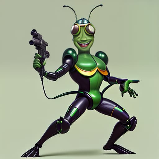  cute cartoon insect beetle character with a green body, big expressive eyes and a smile on his lips. on his head he has a huge brown helmet with goggles, giving him an adventurous look. the insect beetle stands confidently holding a blaster, he has graceful wings and long tendrils. the background is simple and bright inside the starship to emphasize the charm of the funny character with the weapon.