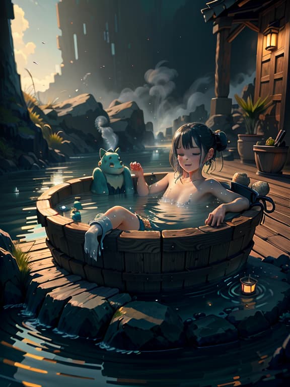  master piece, best quality, ultra detailed, highres, 4k.8k, A old , Relaxing in the hot spring water, Happy and content, BREAK ren Enjoying Hot Springs, Hot spring outdoor , Hot spring steam, small rocks, wooden bucket, towel, BREAK Warm and serene, Glistening water droplets, steam rising from the hot spring, cart00d