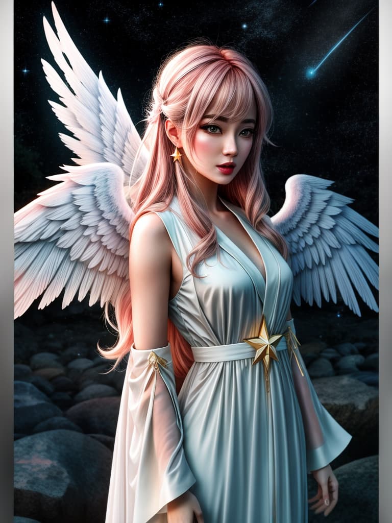  anime coloring, anime style, 1 girl, white robe, angel, angel wings, golden halo, dark background, upper body, looking at the audience, arms behind, blue theme, stars, starry night hyperrealistic, full body, detailed clothing, highly detailed, cinematic lighting, stunningly beautiful, intricate, sharp focus, f/1. 8, 85mm, (centered image composition), (professionally color graded), ((bright soft diffused light)), volumetric fog, trending on instagram, trending on tumblr, HDR 4K, 8K