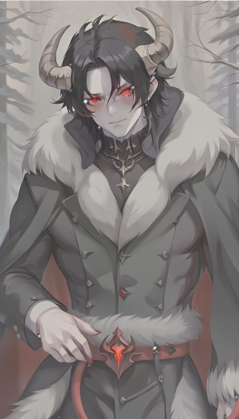  man demon, white skin. red eyes, black hair, horns, black fur coat, dense forest in the background