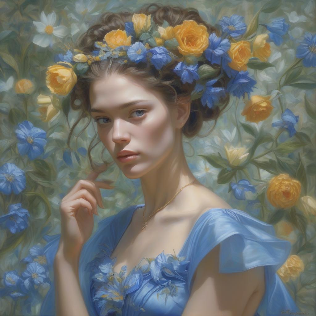  <mymodel> a painting of a woman with flowers in her hair and a blue dress donato giancola, figurative art, extremely detailed oil painting, a hyperrealistic painting