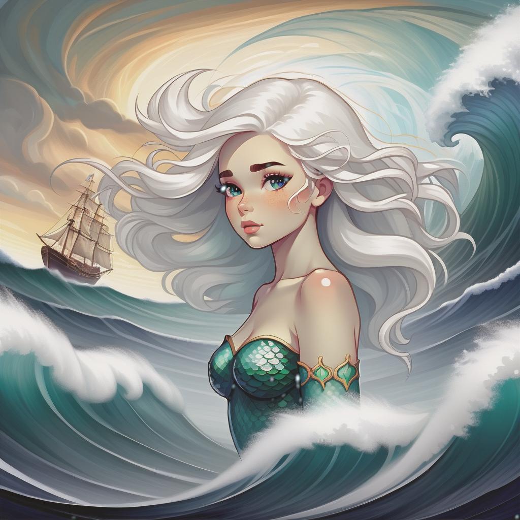  line art drawing a digitally captivating double exposure image. mythological, fairy tale subject. harmonious combination of a sea storm, sea, ship and profile of a beautiful white haired mermaid girl. the stormy sea with frothy waves is the main background, the details of which organically and subtly fit into the contours of the face of the fairy tale mermaid. background: a cold colored picture with marine elements, splashes of water, foam of waves and the smoothness of the sea. stylistics: surrealism, abstract solution, modern, fairy tale, fantasy. in the manner of van gogh, aivazovsky, tatiana suarez, yutaka kagai, craola, dan mumford, andy kehoe, miyazaki. narrative detailed oil paint illustration, cinematic, detailed, beautiful, mystica