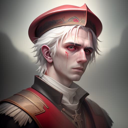  portrait of a young male white haired inquisitor in a red hat with fields. facial degeneration is gloomy, thoughtful, (extremely detailed oil painting:1.2), glow effects, godrays, hand drawn, render, 8k, octane render, cinema 4d, blender, dark, atmospheric 4k ultra detailed, cinematic sensual, sharp focus, humorous illustration, big depth of field, masterpiece, colors, 3d octane render, 4k, concept art, trending on artstation, hyperrealistic, vivid colors, extremely detailed cg unity 8k wallpaper, trending on artstation, trending on cgsociety, intricate, high detail, dramatic