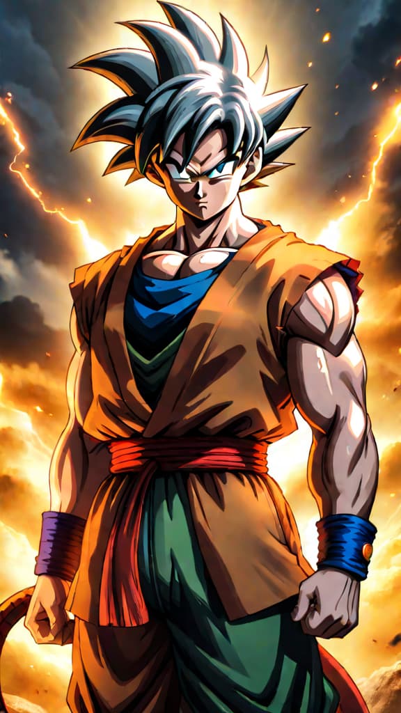  goku from dragon ball with silver eyes, divine aura, and a shifting battlefield in anime art hyperrealistic, full body, detailed clothing, highly detailed, cinematic lighting, stunningly beautiful, intricate, sharp focus, f/1. 8, 85mm, (centered image composition), (professionally color graded), ((bright soft diffused light)), volumetric fog, trending on instagram, trending on tumblr, HDR 4K, 8K