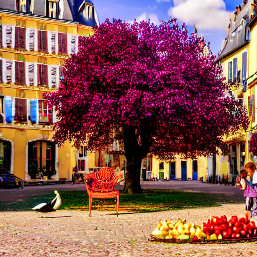  A beautiful tree of beautiful colors with its fruits in a square in the streets of France, a swan next to it and golden chairs and children playing among flowers and gardenias and reddish and purple c
