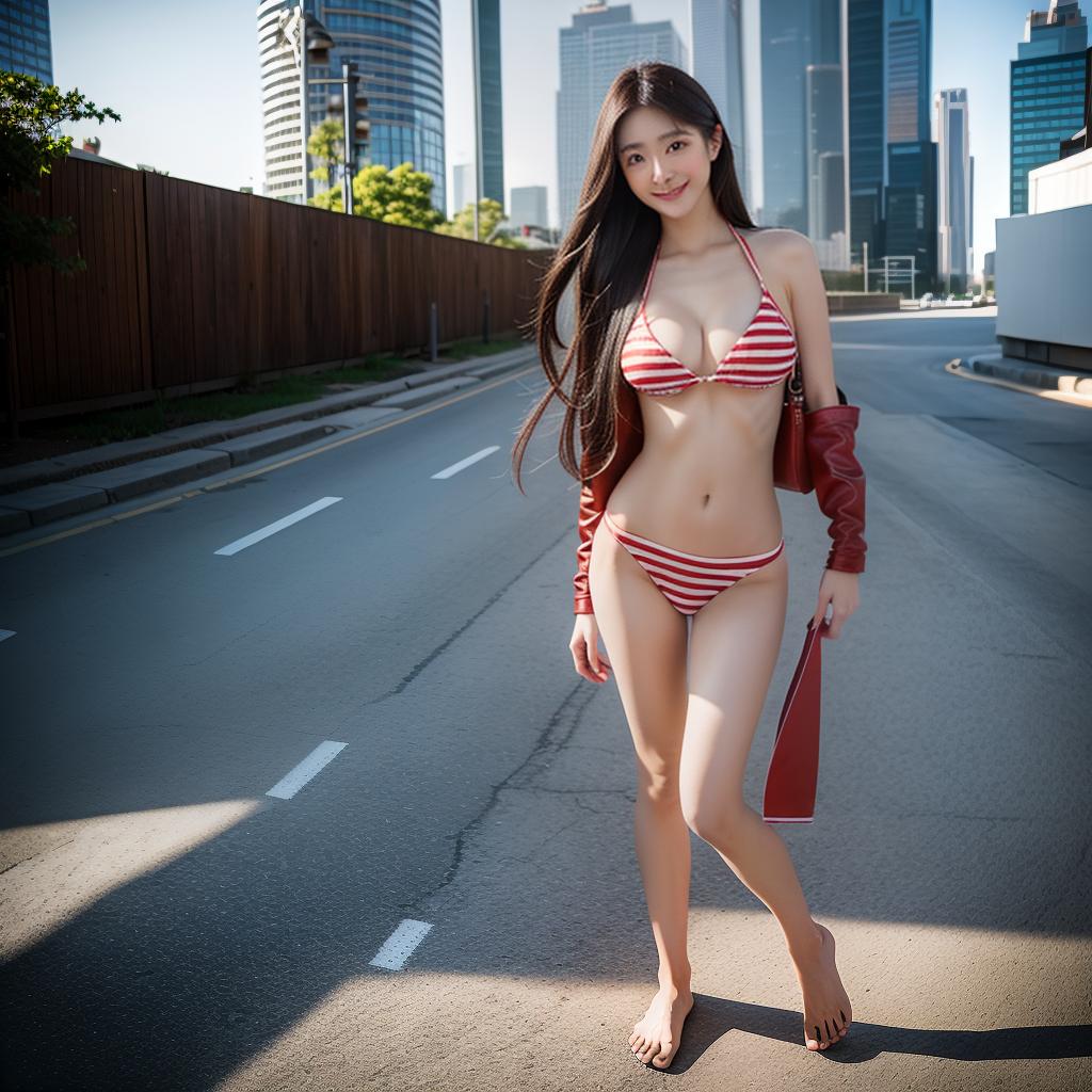  masterpiece, high quality, 4K, HDR BREAK A young woman with long, dark hair wearing a red and white striped bikini and black leather bondage accessories. She is standing barefoot, with the soles of her feet visible, and has a cheerful expression on her face. The camera angle is from below, looking up at her as she stands on a Japanese flag. hyperrealistic, full body, detailed clothing, highly detailed, cinematic lighting, stunningly beautiful, intricate, sharp focus, f/1. 8, 85mm, (centered image composition), (professionally color graded), ((bright soft diffused light)), volumetric fog, trending on instagram, trending on tumblr, HDR 4K, 8K