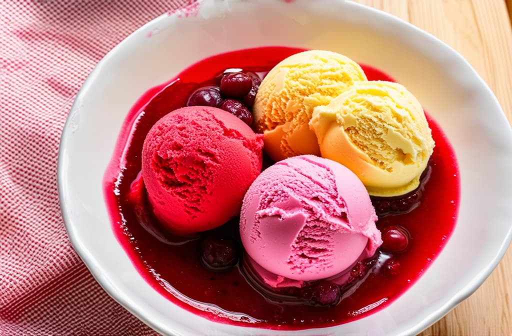  balls of multi colored ice cream lie in a bowl, covered with berry sauce 2/3 of the free space ar 3:2 {prompt}, maximum details