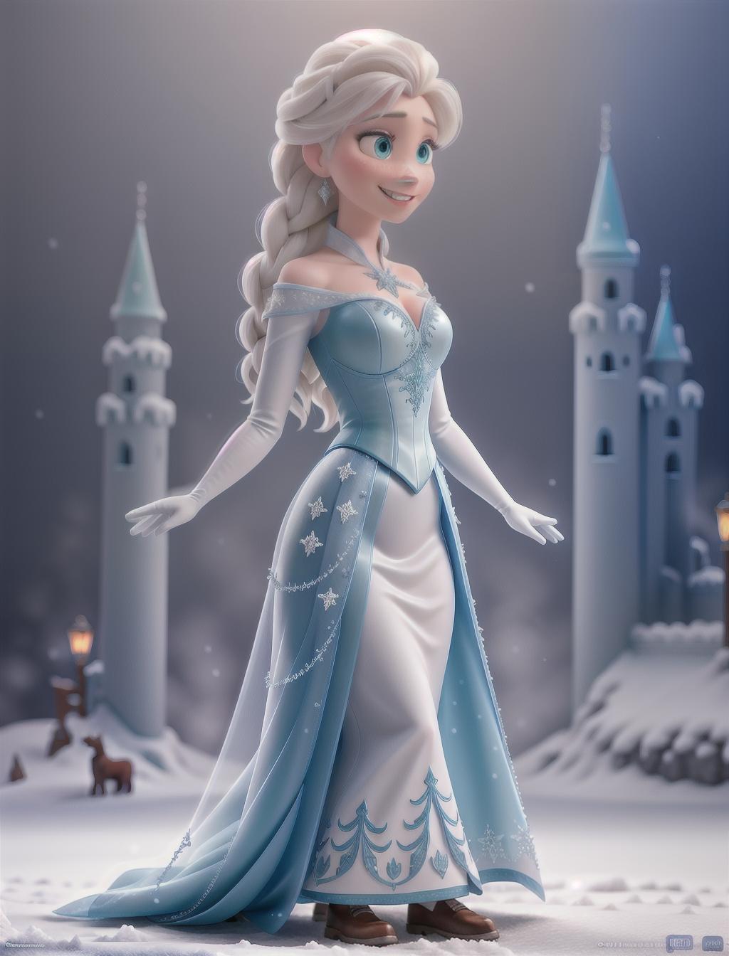  Elsa from Frozen big smile, in snow castle hyperrealistic, full body, detailed clothing, highly detailed, cinematic lighting, stunningly beautiful, intricate, sharp focus, f/1. 8, 85mm, (centered image composition), (professionally color graded), ((bright soft diffused light)), volumetric fog, trending on instagram, trending on tumblr, HDR 4K, 8K