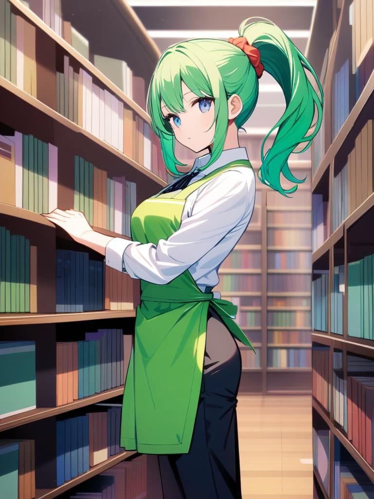  (hd:1.3),(4k 8k:1.5)apron,black pants,clothing,collared shirt,green apron,hair accessory,long sleeves,pants,polka dot pattern,ponytail,scrunchie,shirt,tied hair,white shirt,blue eyes,green hair,(inside a library filled with books) woman,long hair,standing