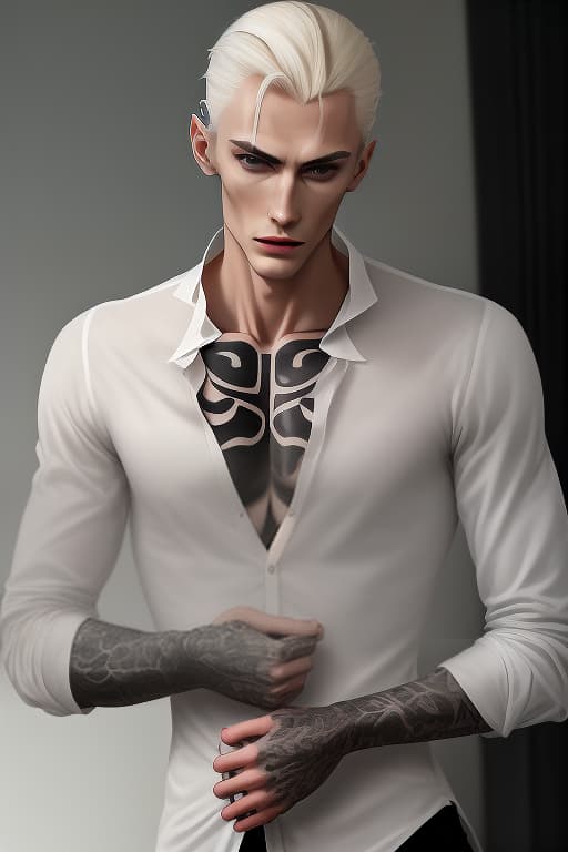  beautiful tall guy with sharp masculine features, beautiful cheekbones, gray eyes, in a white shirt, on the left forearm of a black tattoo of a devourer of death, the guy looks like a drago malfoy