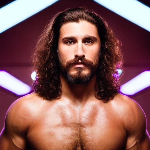 portrait+ style WWF queer superstar brunette hunk dude face