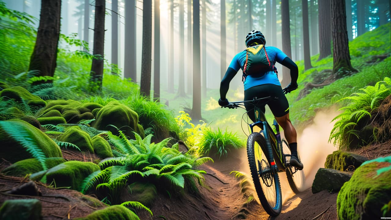  a dynamic mountain biking scene in a lush forest, showcasing a rider navigating a rocky trail, surrounded by vibrant greenery, with a focus on the rider's toned midsection and the exhilarating energy of the ride. hyperrealistic, full body, detailed clothing, highly detailed, cinematic lighting, stunningly beautiful, intricate, sharp focus, f/1. 8, 85mm, (centered image composition), (professionally color graded), ((bright soft diffused light)), volumetric fog, trending on instagram, trending on tumblr, HDR 4K, 8K