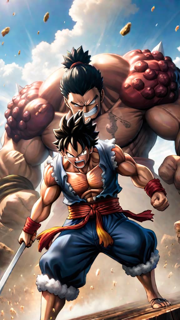  anime art: luffy's gear fourth faces its limits in a climactic battle, revealing the hidden secret of the will of d. hyperrealistic, full body, detailed clothing, highly detailed, cinematic lighting, stunningly beautiful, intricate, sharp focus, f/1. 8, 85mm, (centered image composition), (professionally color graded), ((bright soft diffused light)), volumetric fog, trending on instagram, trending on tumblr, HDR 4K, 8K