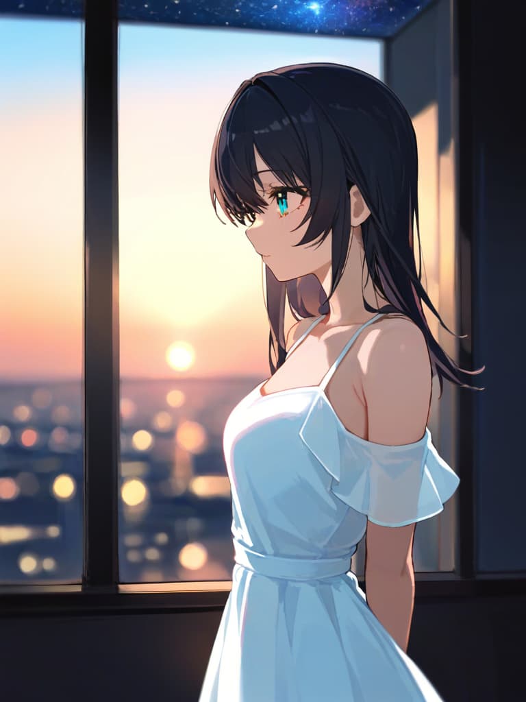  (beautiful girl:1.5)(black hair:1.7)(long straight hair:1.7)(blue eyes:1.7)(side profile:1.5)(in cute white dress:2.0){looking up at starry sky:2.0}(night sky:1.5)(beautiful starry sky:1.7)masterpiece,high quality,16k,super analysis