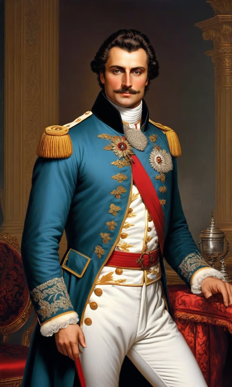  style: 18th century, country russia. (genre): history, adventure, (((character: russian general): tall, dark haired, broad shouldered and powerfully built, a man of about thirty, with a strong willed and well defined mouth. he was dressed in a general's satin frock coat with embroidery on collars and cuffs and huge epaulettes, his uniform was belted with a scarf, white trousers and polished boots. background): richly furnished 18th century living room.))) high quality, bright colors. attention to detail