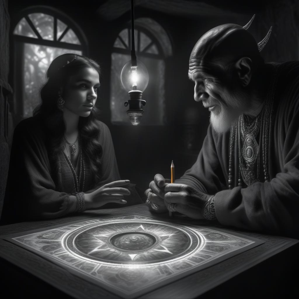  ((pencil drawing)), old souled demon man giving a tarot reading to a immature young souled woman within a drug den smoking meth in a glass bubble like device with use of a torch, award winning artwork, ultra detailed, hyper focus, high res, unreal engine, masterpiece,, high quality, highly detailed, 4K, 8K