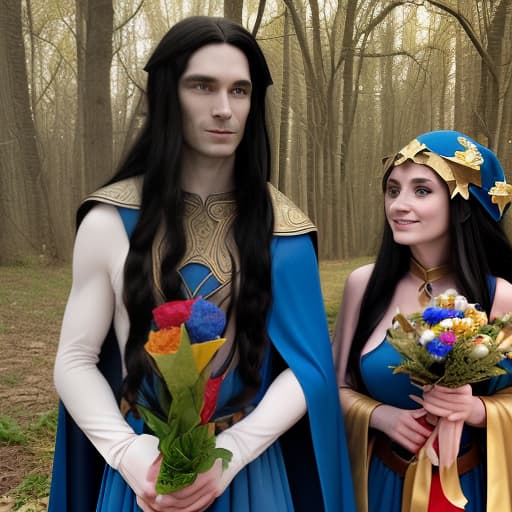  an elf man in a blue cape, with long black hair, gives a multi colored bouquet to an elf woman with golden long hair