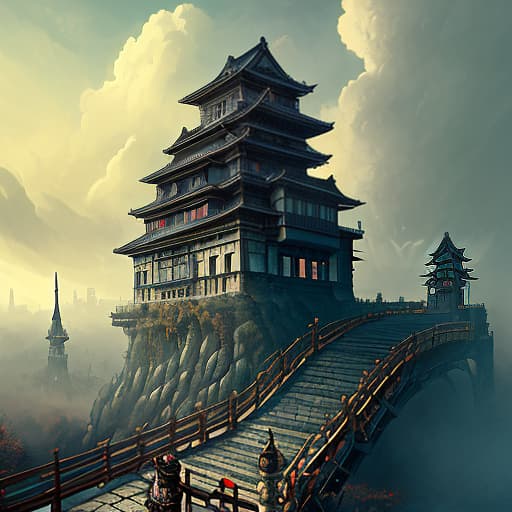  landscape, in the distance, a japanese castle to which 6 narrow stairs lead from different sides, which stands on a clockwork mechanism, a large gear, everywhere clouds, steam, cloudy weather, steampunk, blue sky, dark , creepy , blood , monsters , by jason engle , carlos huante , charlie bowater , simon lee , brom