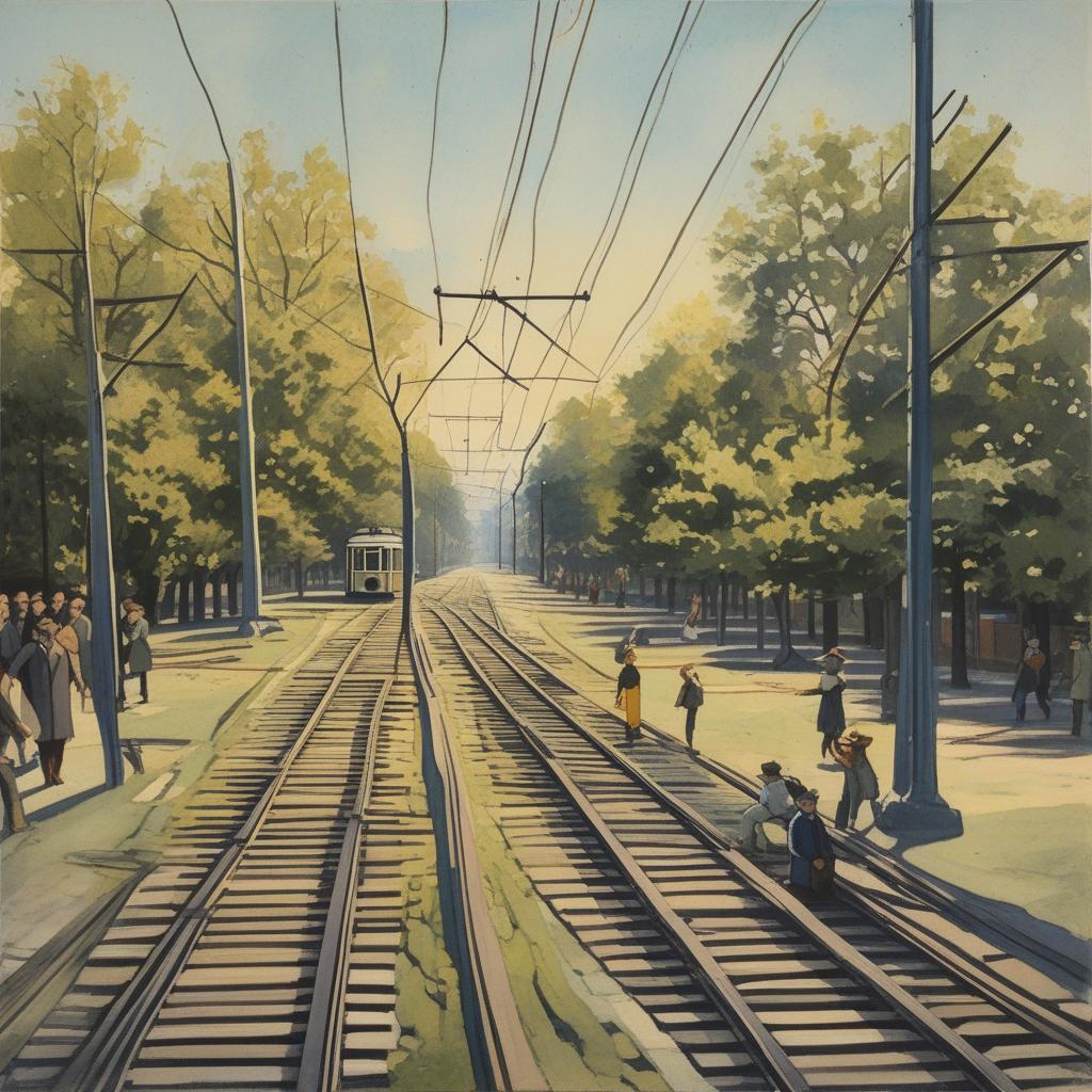  Masterpiece, best quality, Scene Description: On a sunny day, there are two tracks on the tram tracks. Five people on the left track are trapped, looking scared and trying to escape. One person on the right track is also trapped, looking desperate. The tram is coming fast, and the switch ahead is operational. The background is an open field, with trees and blue sky in the distance.