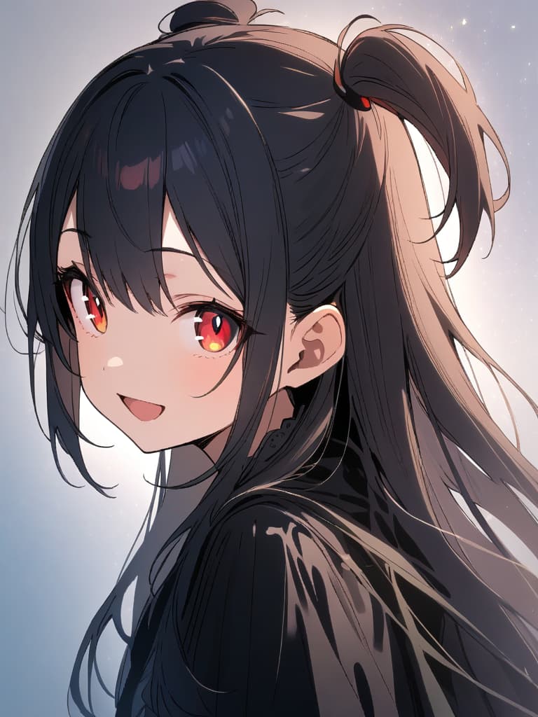  ultra detailed:1.2,masterpiece:1.2,best quality,masterpiece,bestquality,hdr:1.1,8k:1.1,very cute girl:1.3,((black hair,half up,long hair:1.9)),((two side up,twintail:1.4)),(red eyes,almond eyes:1.8),(cute smile:1.7),(harf open mouth:1.4),(upper body,from side:1.2),(from above:1.2)face focus:0.7,(black gothic lolita:1.6),looking away