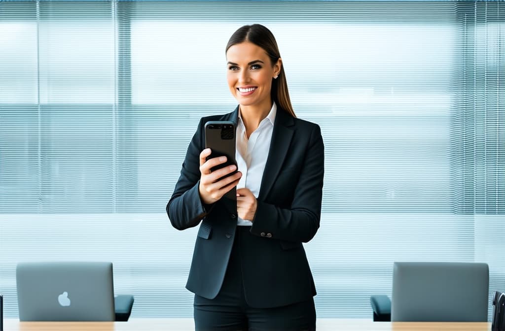  professional detailed photography, portrait of smiling businesswoman standing in open plan office. holding phone. minimalism style. happy female professional executive manager, financial banking or marketing data. ar 3:2, (muted colors, dim colors, soothing tones), (vsco:0.3)