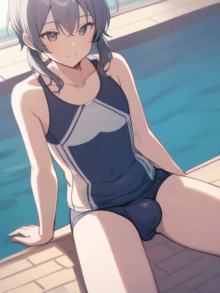  women's elementary students (male), twin tails, cute smiles, (rich s), low stature, dark blue swimwear, old swimwear, , simple (upward), male , (bulge), shaped clear , front , whole body, pool side,