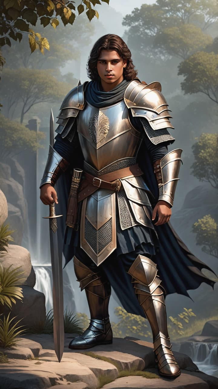  a young warrior named thiago, standing tall and confident in his armor, ready to face the darkness.