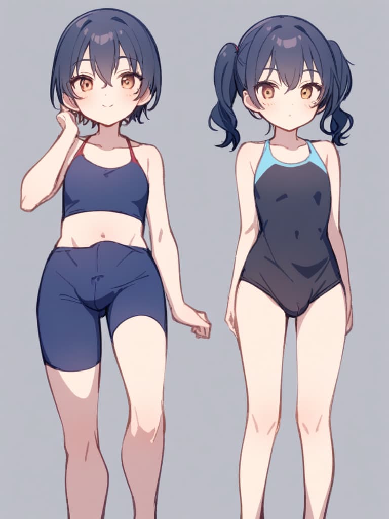  women's elementary students (male), twin tails, cute smiles, (rich s), low stature, dark blue swimwear, old swimwear, , simple (upward), male , (bulge), shaped clear , front , whole body, pool side,