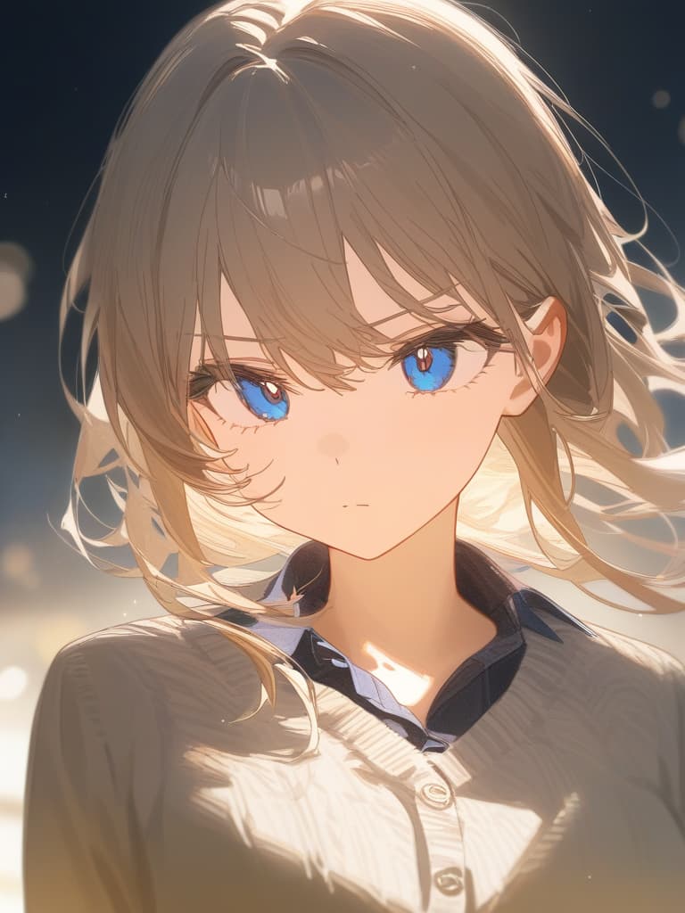  light brown hair girl, blue eyes, expressionless, serious gaze, semi long, sweater cardigan, uniform, anime style, masterpiece, best quality,8k,ultra detailed,high resolution,an extremely delicate and beautiful,hyper detail