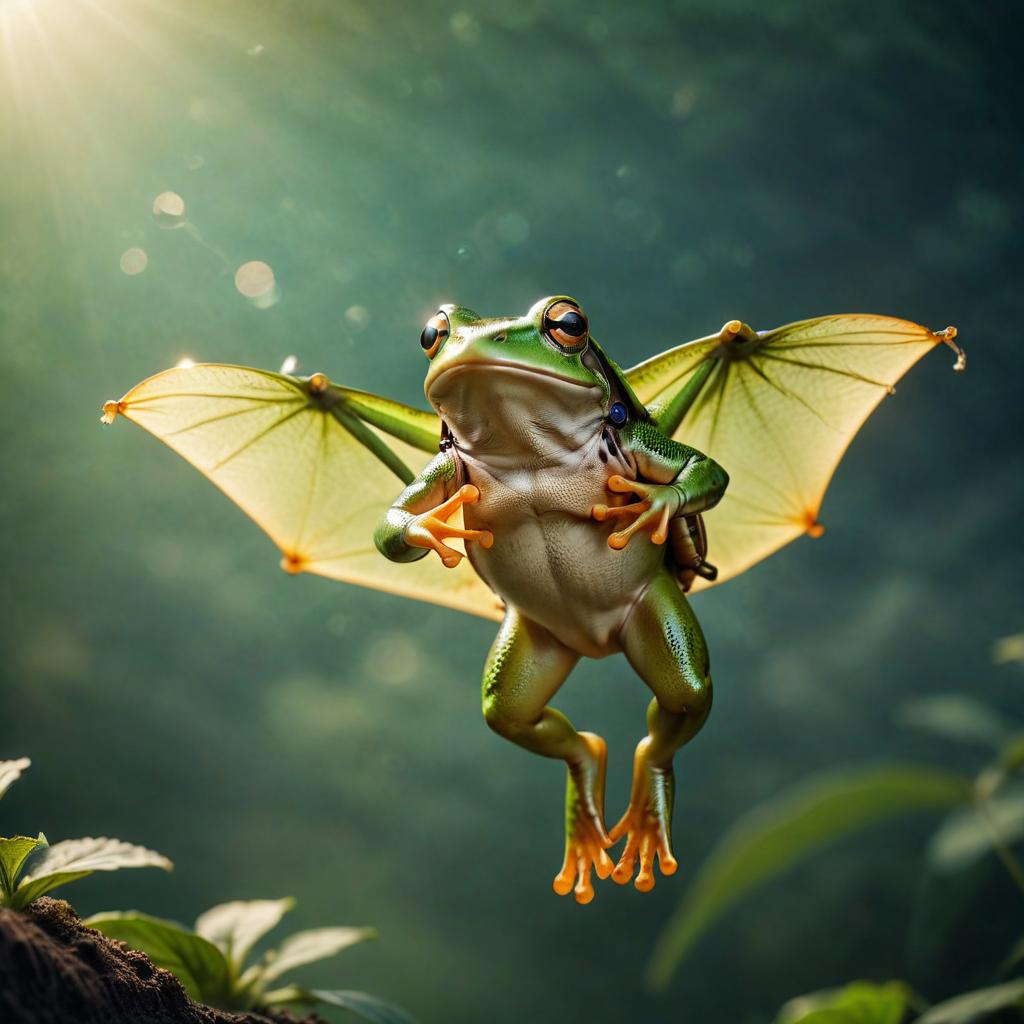  cinematic photo frog descends with parachute . 35mm photograph, film, bokeh, professional, 4k, highly detailed, civitai, on parchment