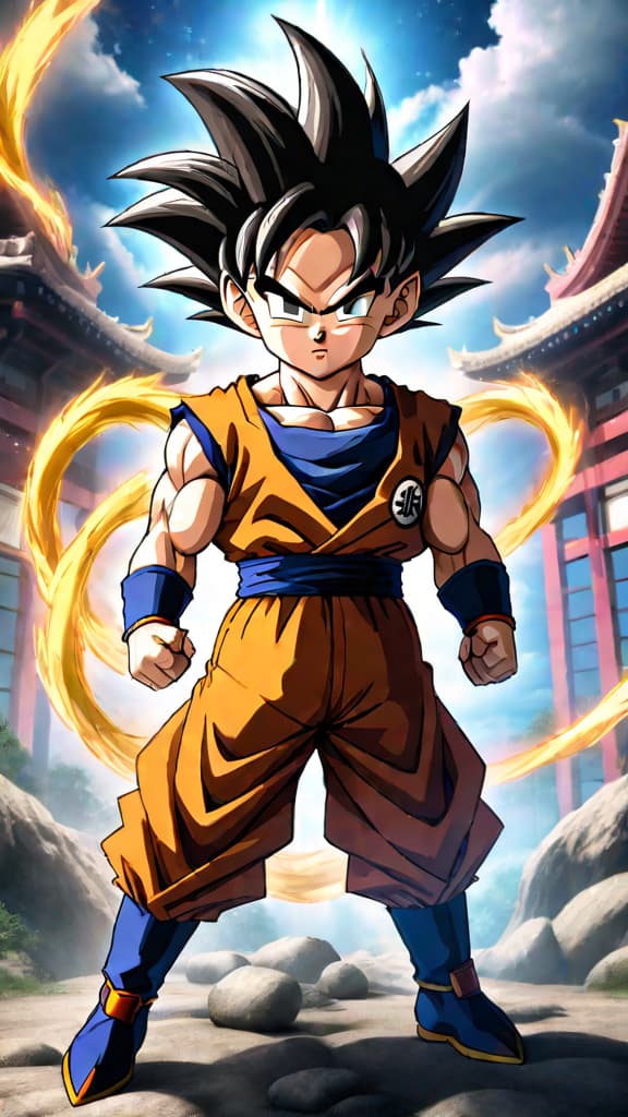  anime art: goten achieving super saiyan faces off against frieza saga goku and vegeta. hyperrealistic, full body, detailed clothing, highly detailed, cinematic lighting, stunningly beautiful, intricate, sharp focus, f/1. 8, 85mm, (centered image composition), (professionally color graded), ((bright soft diffused light)), volumetric fog, trending on instagram, trending on tumblr, HDR 4K, 8K