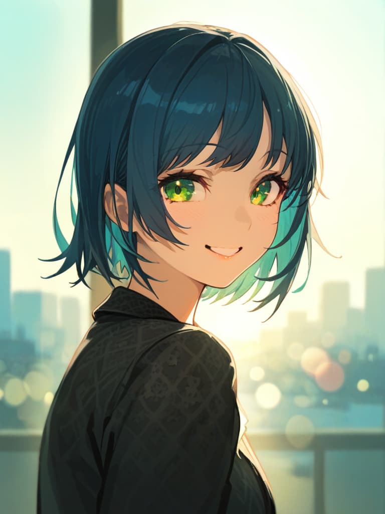  (wide bank: 1.4), best quality, blue hair, from front, ultra detailed, bob, masterpiece, smile, green eyes, smile, smile, smile.