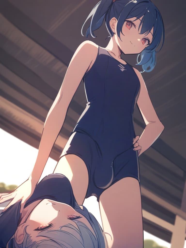  women's elementary students (male), twin tails, cute smiles, (rich s), low stature, dark blue swimwear, old swimwear, , simple, (upward), upward, (bulge), front, whole body, pool side ,,,