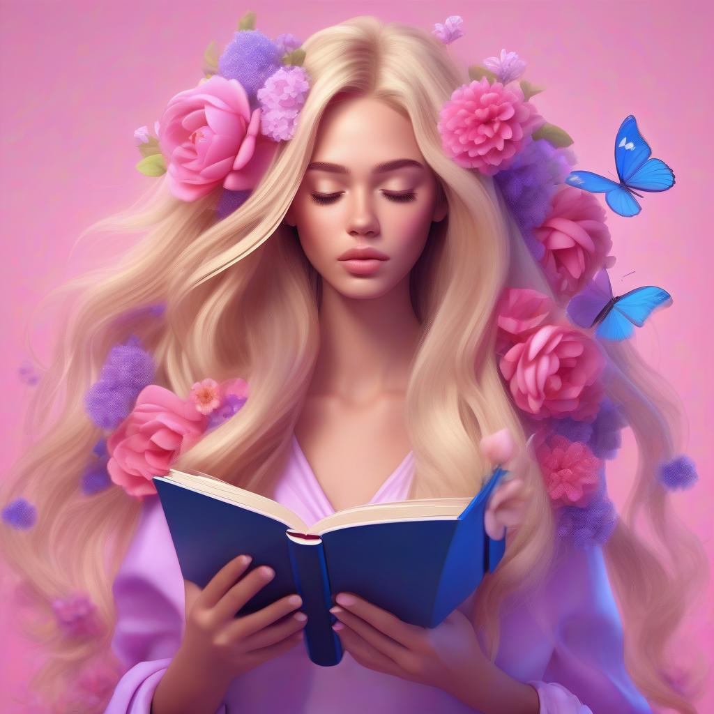  art of fantasy girl with flowers inside her head like her thoughts and growing from her long very thick blondy hair, hair fluttering in the wind with a book with flowers in her hands, covering a half of her face she covers her face with a book pink and blue and purple colors on the background cartoon style 3d, hq, 4k for modern mobile app