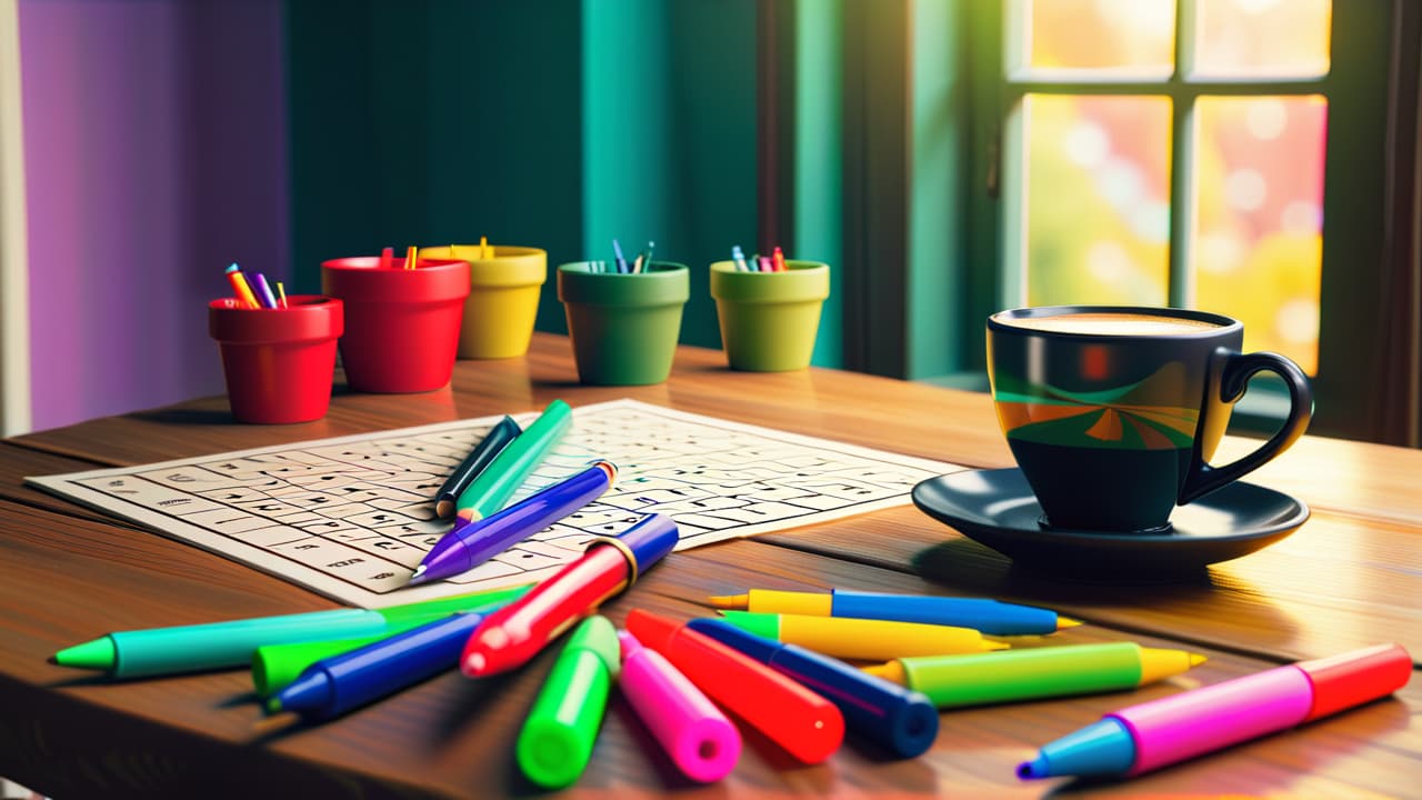  an intricate crossword puzzle in progress on a wooden table, surrounded by colorful pens, erasers, and a steaming cup of coffee, with soft sunlight streaming through a nearby window illuminating the creative chaos. hyperrealistic, full body, detailed clothing, highly detailed, cinematic lighting, stunningly beautiful, intricate, sharp focus, f/1. 8, 85mm, (centered image composition), (professionally color graded), ((bright soft diffused light)), volumetric fog, trending on instagram, trending on tumblr, HDR 4K, 8K