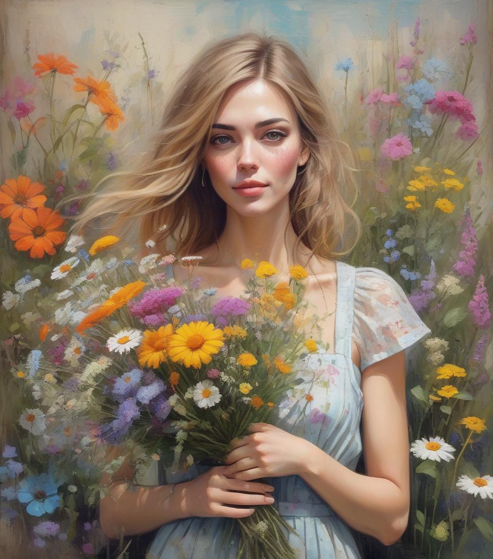  grunge style garden wonders, beautiful woman holding a bouquet of wild flowers to her face, detailed summer garden background, wearing a summer dress, perfect face, delicate face, vivid colors, happiness, oil painting, expressive brushwork, highly detailed, delicate details . textured, distressed, vintage, edgy, punk rock vibe, dirty, noisy