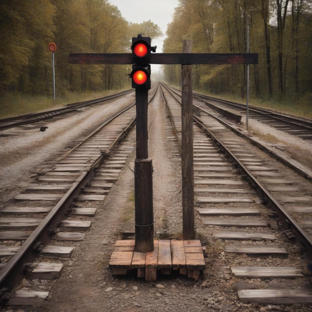  old railroad crossing with signal lamp. wooden sleepers.