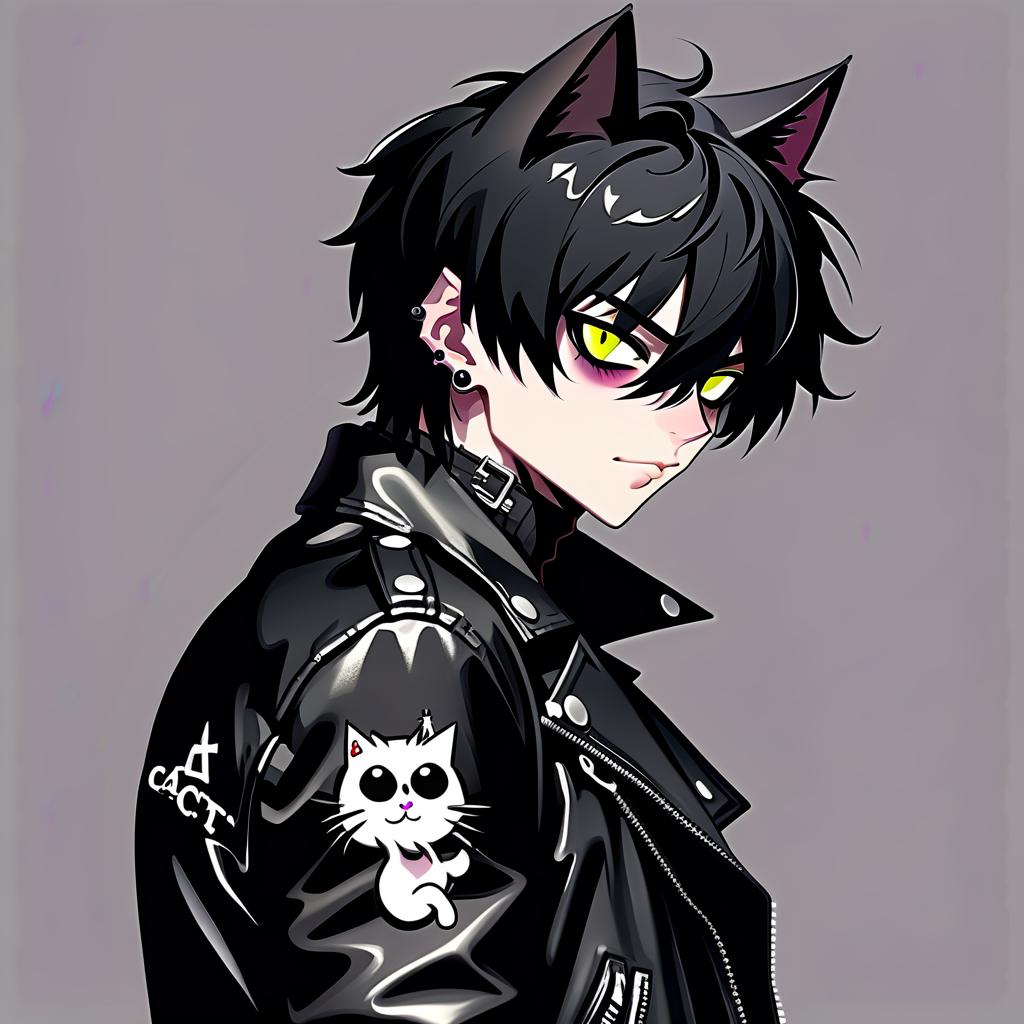  black cat boy in black leather jacket and with piercing in left eyebrow