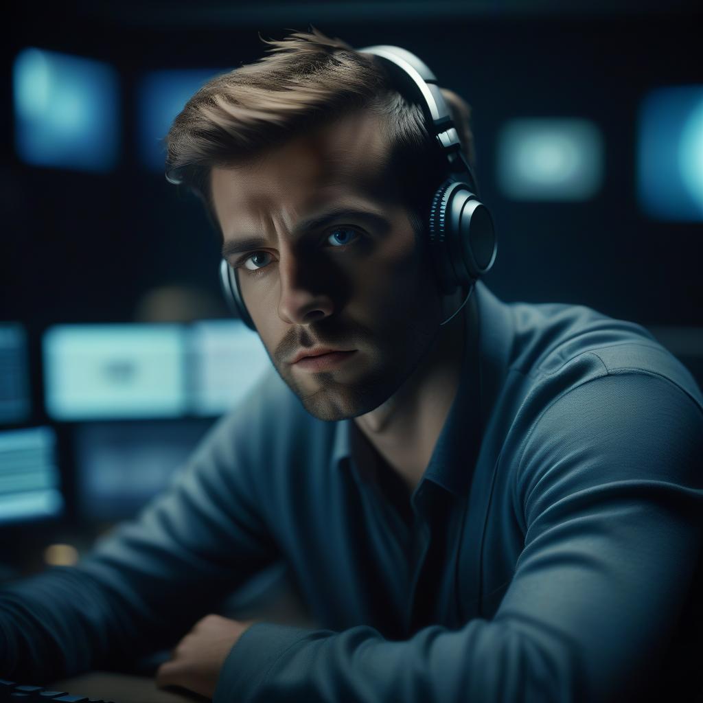  cinematic film still programmer, sits at the monitor, close up, photorealism, cinema, company, business . shallow depth of field, vignette, highly detailed, high budget, bokeh, cinemascope, moody, epic, gorgeous, film grain, grainy