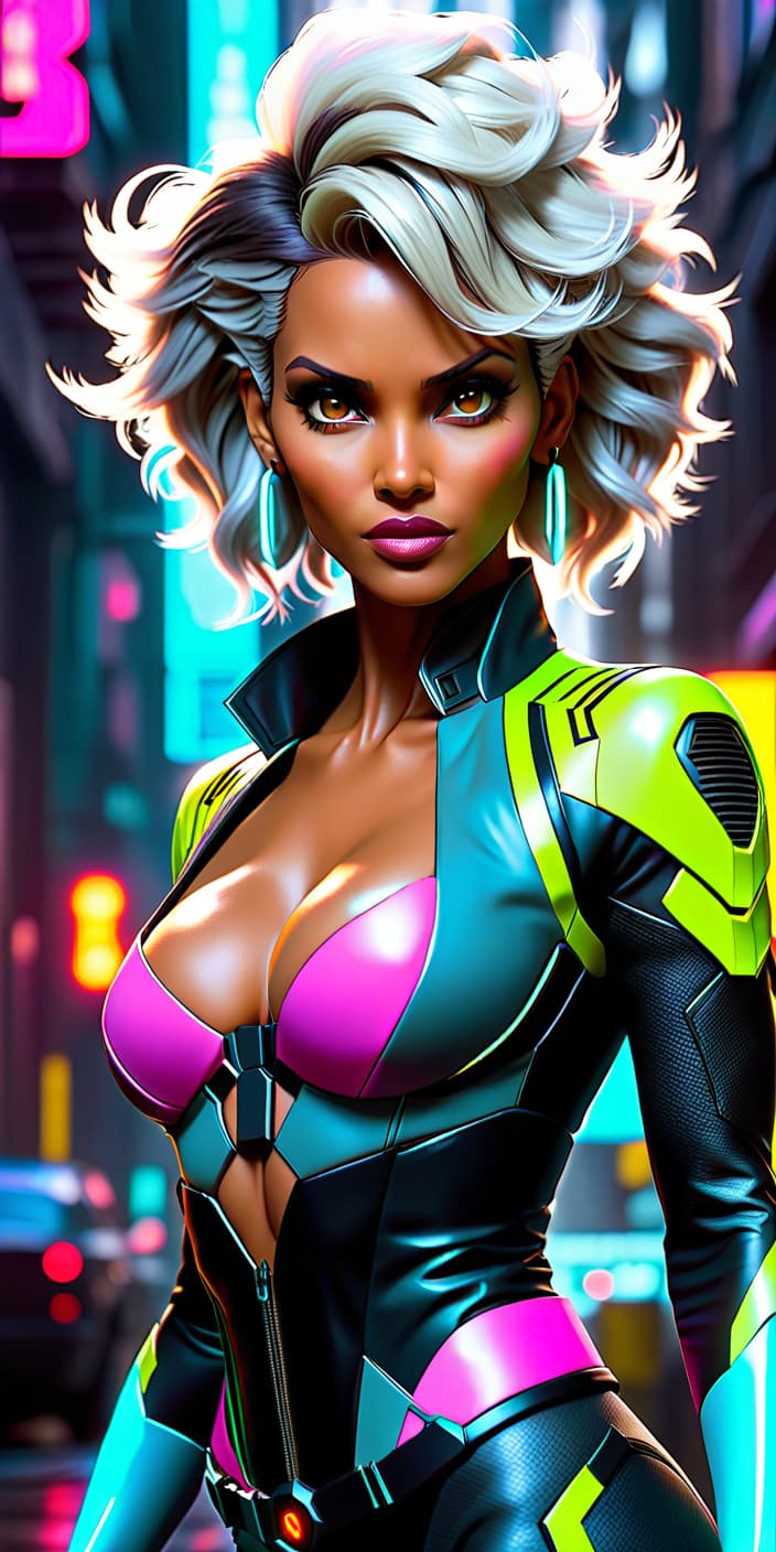  cyberpunk game style storm x men, , cartoon, , halle berry . neon, dystopian, futuristic, digital, vint, detailed, high contrast, reminiscent of cyberpunk genre video games hyperrealistic, full body, detailed clothing, highly detailed, cinematic lighting, stunningly beautiful, intricate, sharp focus, f/1. 8, 85mm, (centered image composition), (professionally color graded), ((bright soft diffused light)), volumetric fog, trending on instagram, trending on tumblr, HDR 4K, 8K