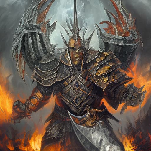 dvarchmodern a barbarian with a dragon’s head covered with gold scales, eyes burning yellow, a huge sword in his hand, in the district everything is on fire.